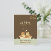 Owl & Pussycat Storybook Wedding (blau und braun) Save The Date (Stehend Vorderseite)