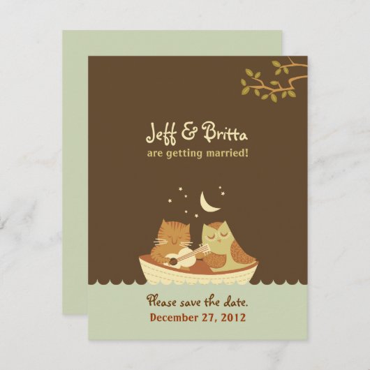 Owl & Pussycat Storybook Wedding (blau und braun) Save The Date (Vorne/Hinten)