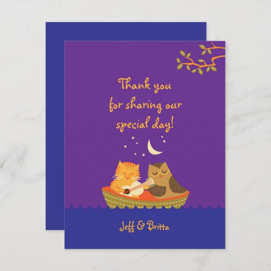 Owl & Pussycat Storybook Wedding (Lila und blau) Dankeskarte (Vorne/Hinten)