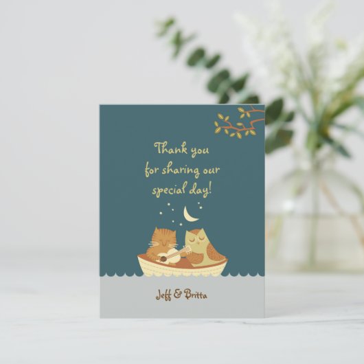 Owl & Pussycat Storybook Wedding (Sea Blue) Dankeskarte (Stehend Vorderseite)