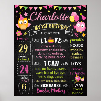 Owl rosa Chalkboard-Zeichen zum ersten Geburtstag Poster