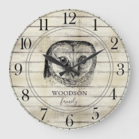 Owl Rustic Light Wood Family Name Large Clock