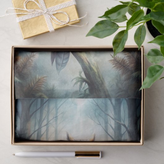 Owl Sitting on a Large Branch in the Misty Forest Seidenpapier (Geschenk)