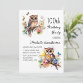 Owl Spring Blumen Schmetterlinge 100. Geburtstag Einladung (Stehend Vorderseite)