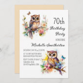 Owl Spring Blumen Schmetterlinge 70. Geburtstag Einladung (Vorne/Hinten)