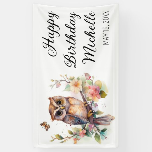 Owl Spring Flowers Schmetterlinge Happy Birthday N Banner (Vertikal)