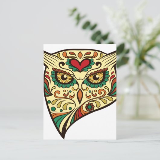 Owl Sugar Skull Postkarte (Stehend Vorderseite)