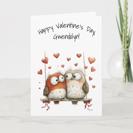 Owl Sweethearts Whimsical Happy Valentine's Day Karte (Vorderseite)