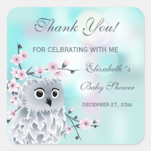 Owl Türkis   Girl Baby Dusche   Vielen Dank Quadratischer Aufkleber
