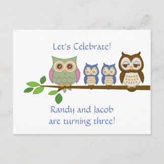 Owl Twin Boys zum Geburtstag einladen Einladungspostkarte