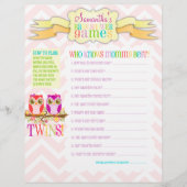 Owl Twin Girls "Baby Shower Games" Aktivitätsblatt (Vorderseite)