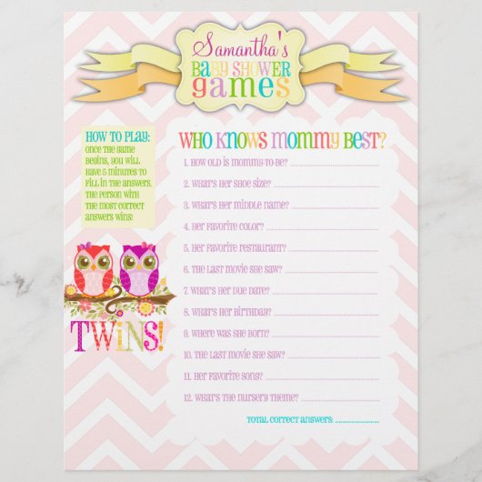 Owl Twin Girls "Baby Shower Games" Aktivitätsblatt (Vorderseite)