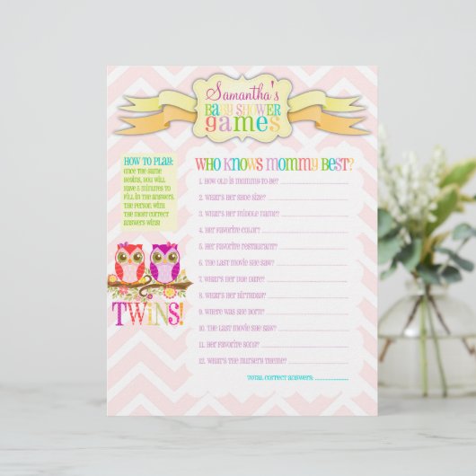 Owl Twin Girls "Baby Shower Games" Aktivitätsblatt (Stehend Vorderseite)