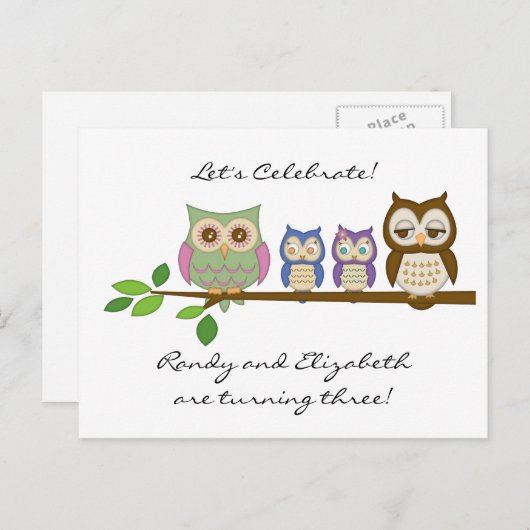 Owl Twins Geburtstagskarte Einladungspostkarte (Vorne/Hinten)