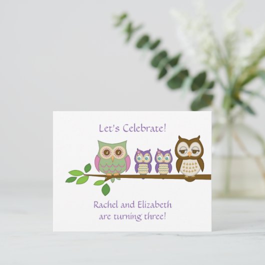 Owl Twins Geburtstagsparty Einladung (Stehend Vorderseite)