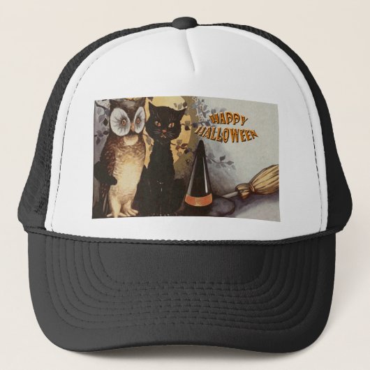 Owl und Cat Halloween Truckerkappe (Vorderseite)