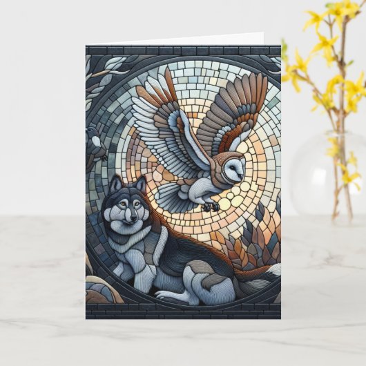 Owl und Wolf Mosaic Ai Art | Blank Karte (Gelbe Blume)