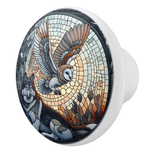 Owl und Wolf Mosaic Ai Art Keramikknauf (Rechts)