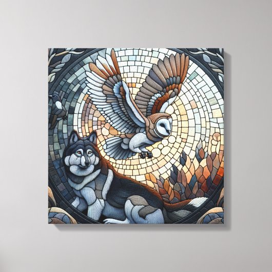 Owl und Wolf Mosaic Ai Art Leinwanddruck (Vorderseite)