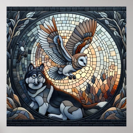 Owl und Wolf Mosaic Ai Art Poster (Vorne)