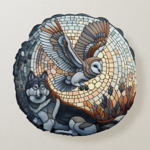 Owl und Wolf Mosaik Naturei Kunst Rundes Kissen