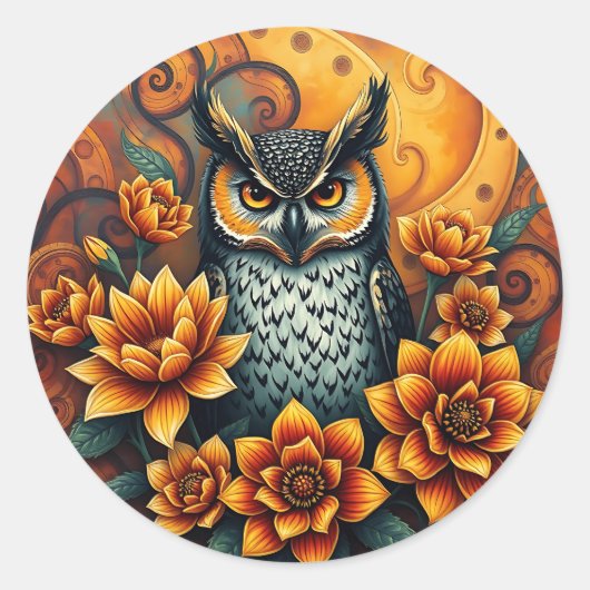 Owl unter lebendigen Blume Runder Aufkleber (Vorderseite)