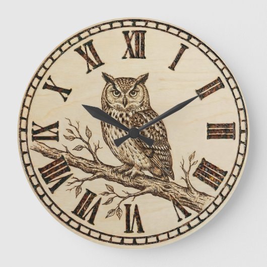 Owl Wall Clock – Forest Wood-Burned Style Große Wanduhr (Vorderseite)