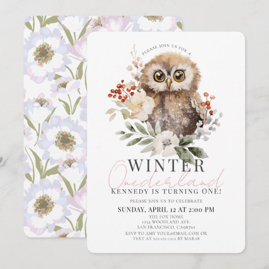 Owl Winter Onederland Girl 1. Geburtstag Einladung (Vorne/Hinten)