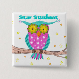 Owl with flowery eyes button