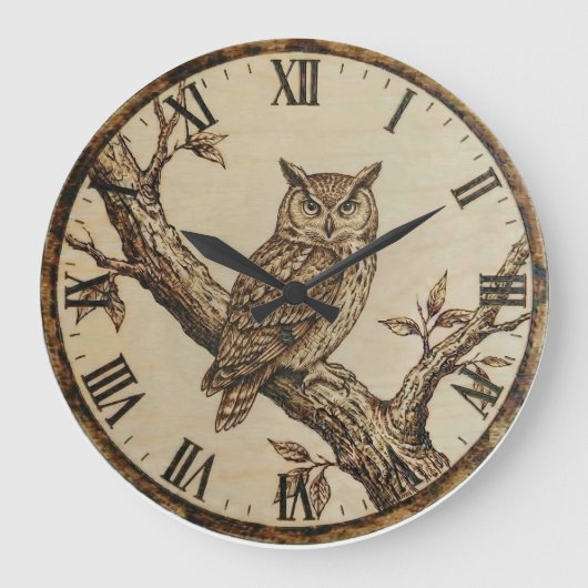 Owl Wooden Wall Clock Große Wanduhr (Vorderseite)