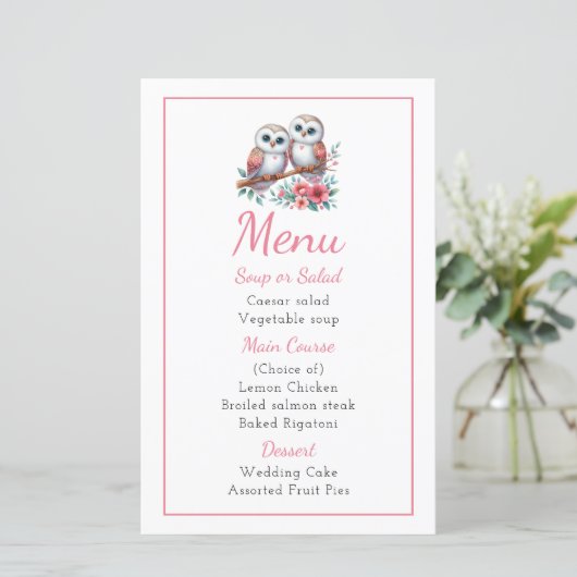 Owl Woodland Boho Rustic Country Wedding Menu (Stehend Vorderseite)