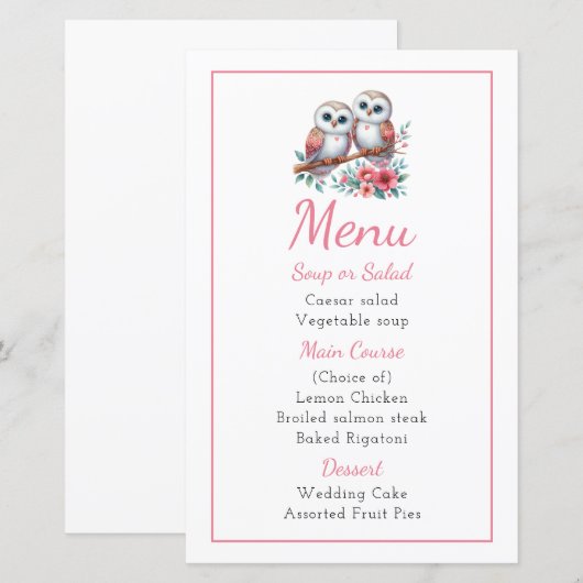 Owl Woodland Boho Rustic Country Wedding Menu (Vorne/Hinten)