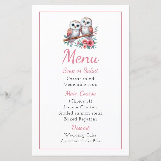 Owl Woodland Boho Rustic Country Wedding Menu (Vorderseite)