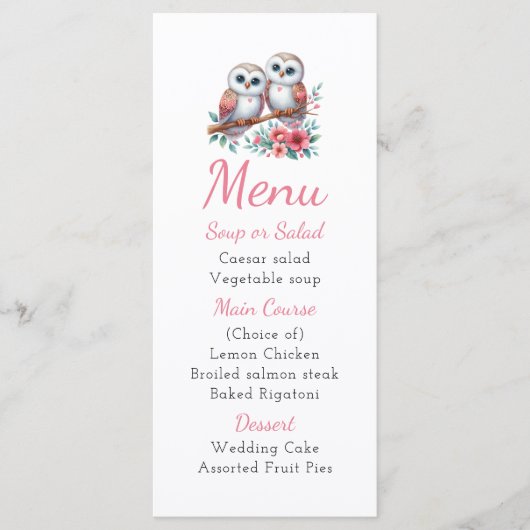 Owl Woodland Boho Rustic Country Wedding Menu Menükarte (Vorderseite)