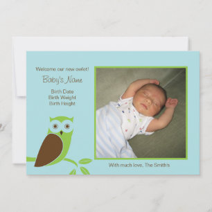 Owlet-Baum-Geburts-Mitteilung - Blau u. Grün Ankündigung