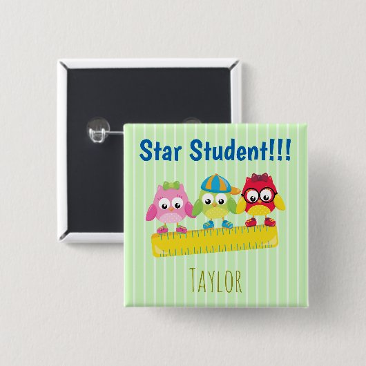Owls auf einem Ruler Star Student Button (Vorne & Hinten)
