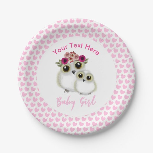 Owls Baby Shower Girl Pink Whimsical Personalisier Pappteller (Vorderseite)