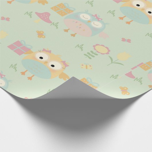 Owls Birthday präsentiert grüne blaue Blumen Einfa Geschenkpapier (Ecke)