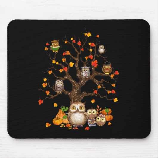 Owls Blätter Tree Herbst Kürbiskürbis Halloween Ow Mousepad (Vorne)