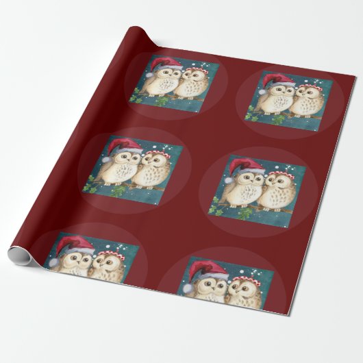 Owls Christmas Eve Night Santa Red Hat Geschenkpapier (Ungerollt)