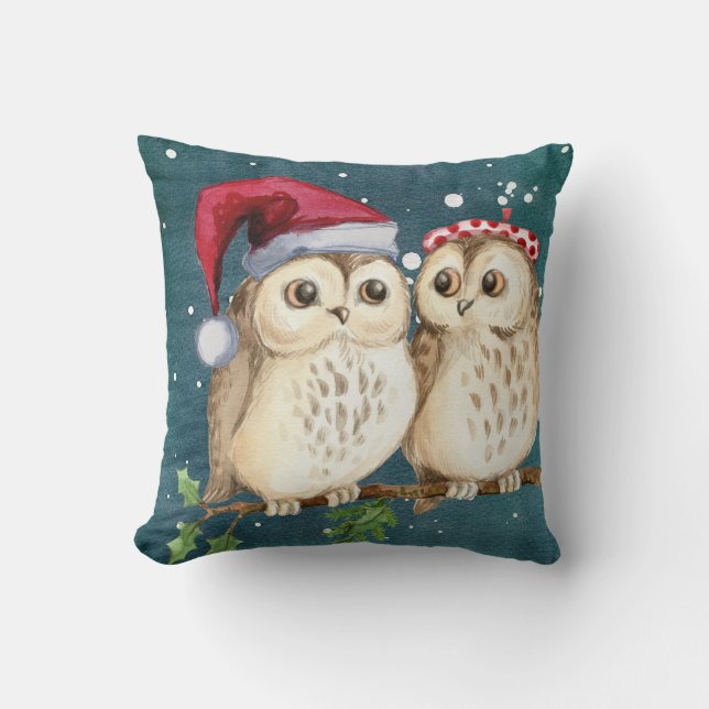 Owls Christmas Eve Night Santa Red Hat Kissen (Vorderseite)