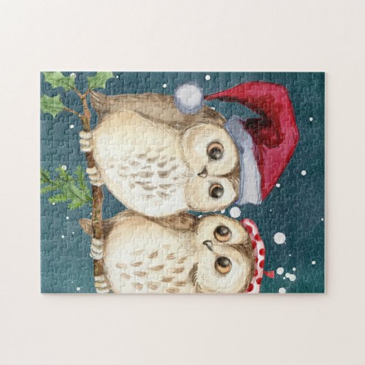 Owls Christmas Eve Night Santa Red Hat Puzzle (Horizontal)