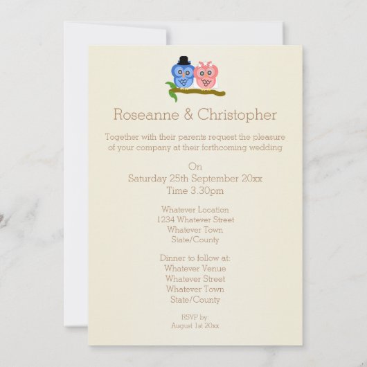 Owls Design Champagne Colored Wedding Einladung (Rückseite)
