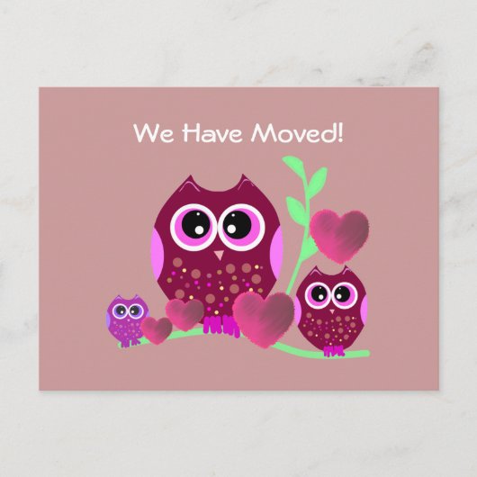 Owls & Hearts Wir haben uns bewegt Ankündigungspostkarte (Vorderseite)