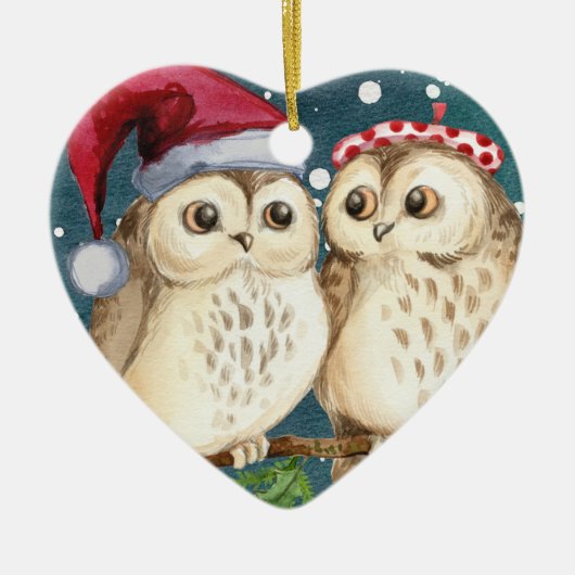 Owls Herz Weihnachtsdekoration Keramikornament (Vorne)