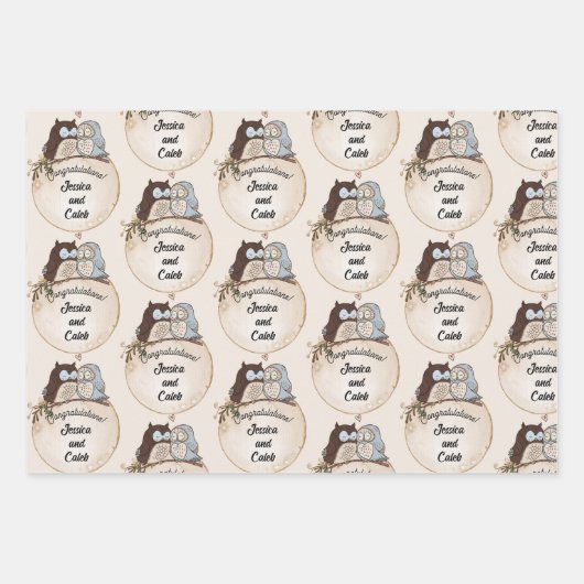 Owls Hochzeit Glückwunsch Namen Niedlich 3 hinzufü Geschenkpapier Set (Vorderseite 2)
