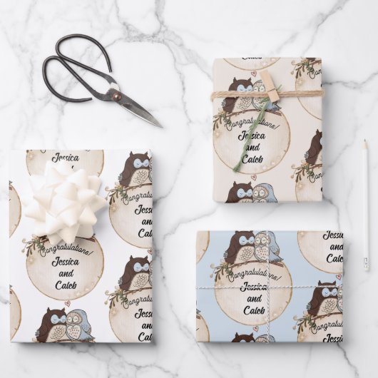 Owls Hochzeit Glückwunsch Namen Niedlich 3 hinzufü Geschenkpapier Set (Vorderseite)