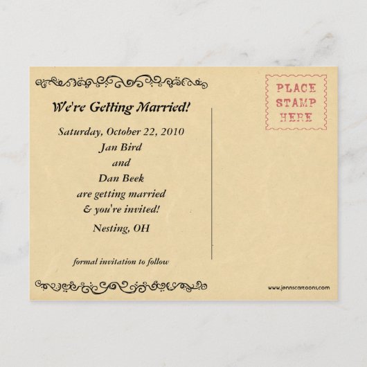 Owls Hochzeit rettet das Datum Niedliche Braut und Ankündigungspostkarte (Rückseite)