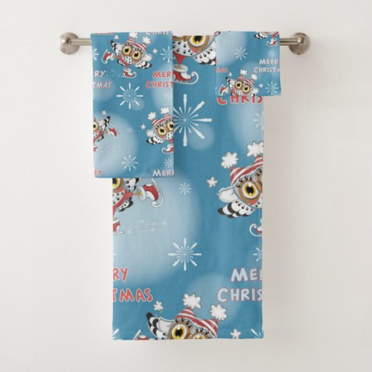 Owls Ice Skaten Weihnachtsmuster Badhandtuch Set (Insitu)