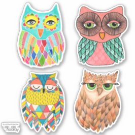 Owls Illustration Art Vinyl Sticker Set